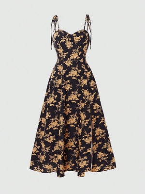 Floral Print Vacation Leisure Maxi Slip Dress With Split Hem - Negative Apparel