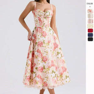 Floral series French summer suspender gentle style dress slim floral suspender long dress - Negative Apparel