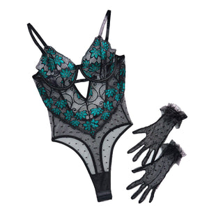 Flower embroidery stitching polka dot mesh hollow steel ring gathered bodysuit - Negative Apparel