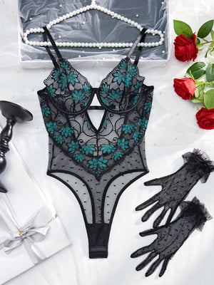 Flower embroidery stitching polka dot mesh hollow steel ring gathered bodysuit - Negative Apparel