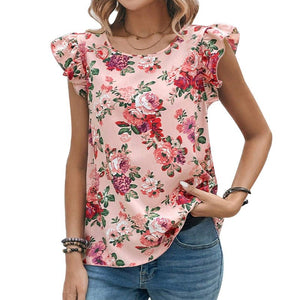 Flower print shirt lotus leaf short - sleeved top - Negative Apparel