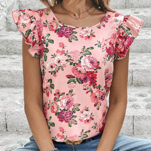 Flower print shirt lotus leaf short - sleeved top - Negative Apparel