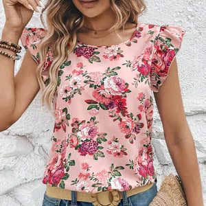 Flower print shirt lotus leaf short - sleeved top - Negative Apparel