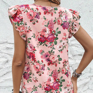 Flower print shirt lotus leaf short - sleeved top - Negative Apparel
