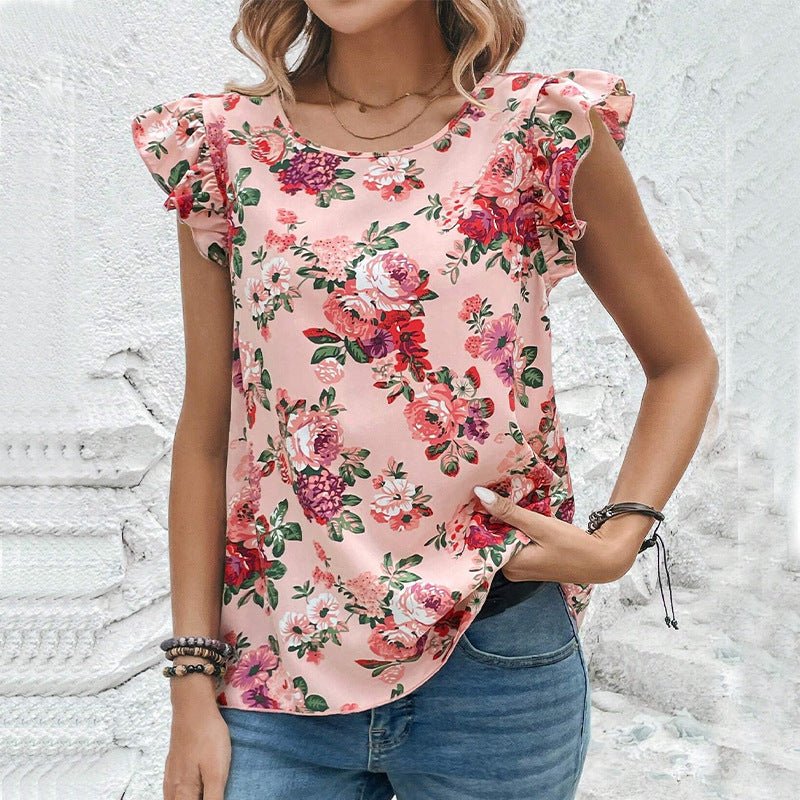 Flower print shirt lotus leaf short - sleeved top - Negative Apparel