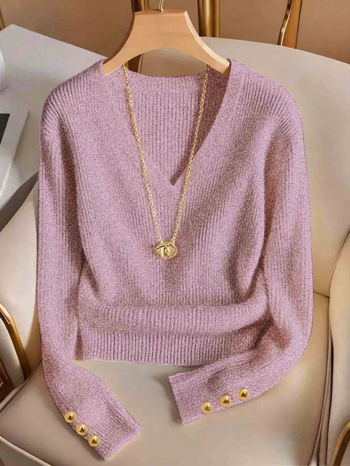 Franclia V - Neck Elegant Solid Color Knit T-Shirt, Minimalist Fashion Knit Top FD - Negative Apparel