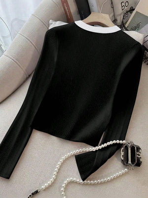 Franclia Women's Contrast Color Button V - Neck Long Sleeve Elegant T-Shirt - Negative Apparel