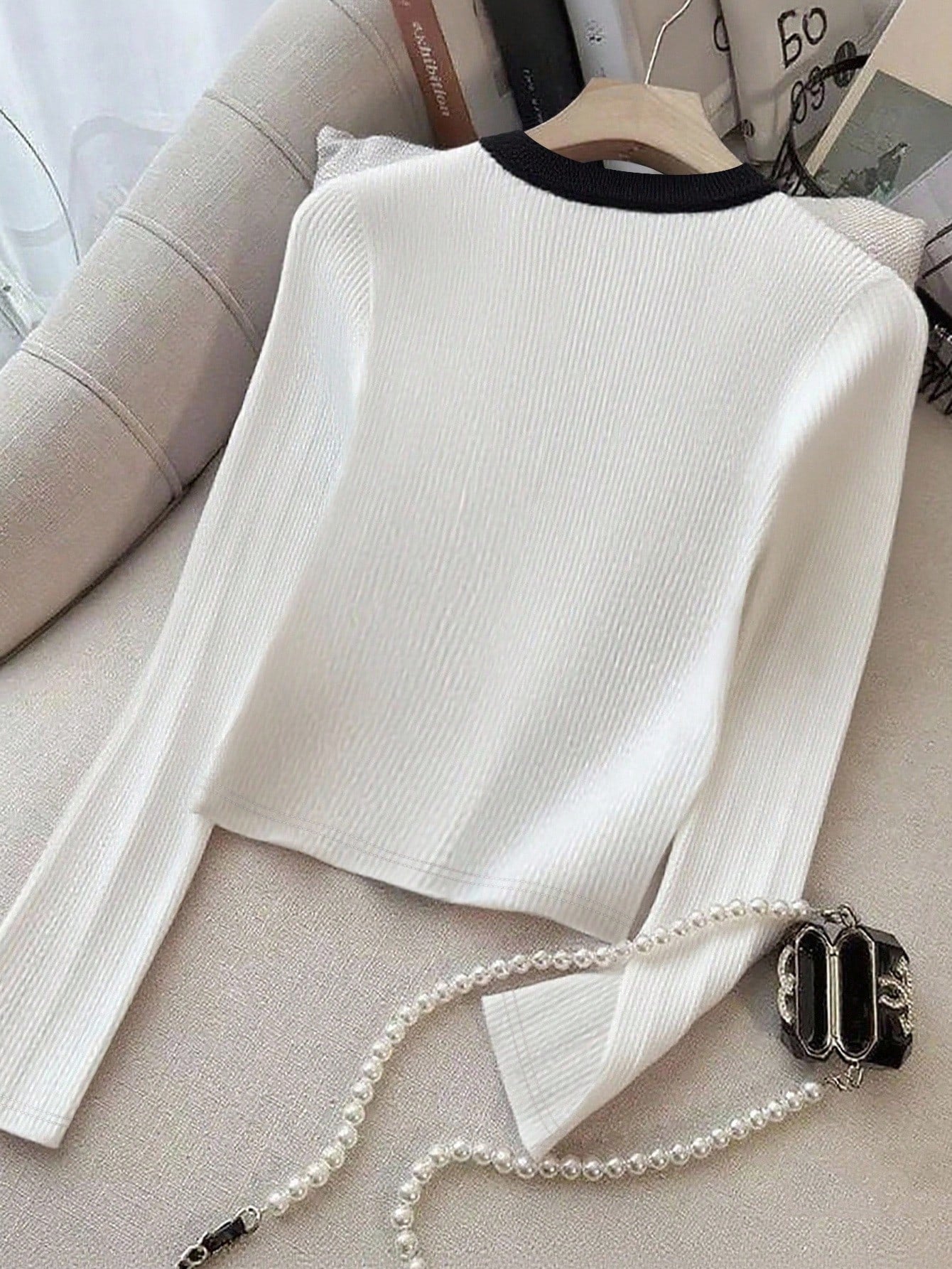 Franclia Women's Elegant Contrast Color Button Long Sleeve T-Shirt - Negative Apparel