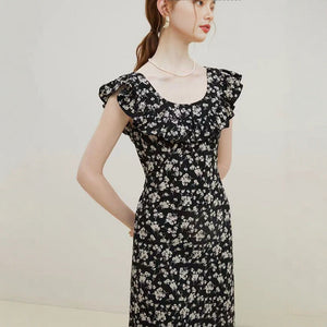 French black floral dress women's summer flying sleeve temperament dress - Negative Apparel