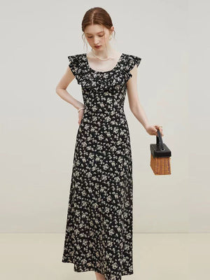 French black floral dress women's summer flying sleeve temperament dress - Negative Apparel