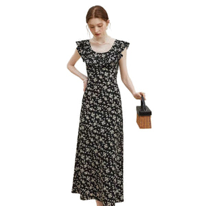 French black floral dress women's summer flying sleeve temperament dress - Negative Apparel