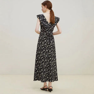 French black floral dress women's summer flying sleeve temperament dress - Negative Apparel