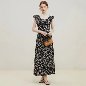 French black floral dress women's summer flying sleeve temperament dress - Negative Apparel
