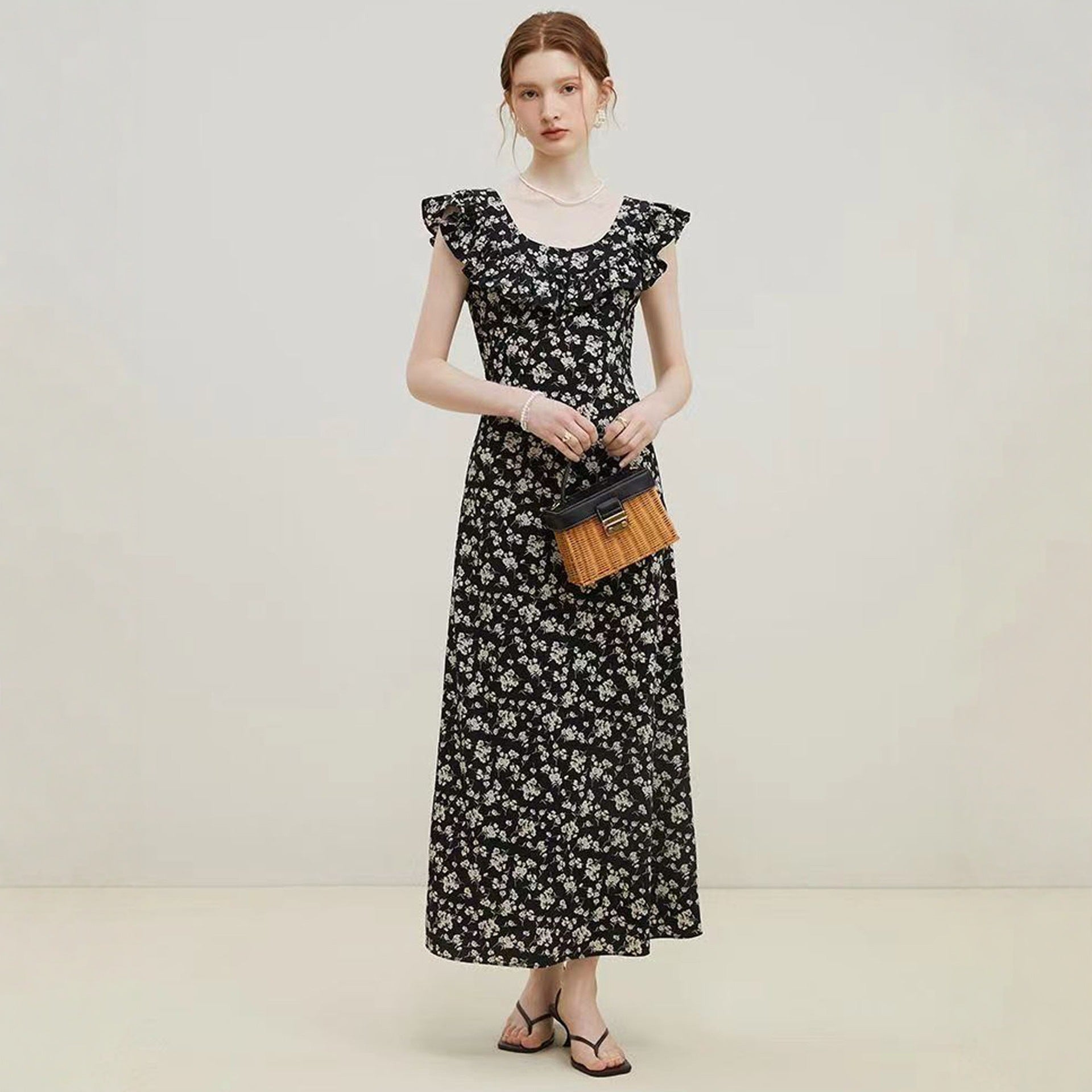 French black floral dress women's summer flying sleeve temperament dress - Negative Apparel