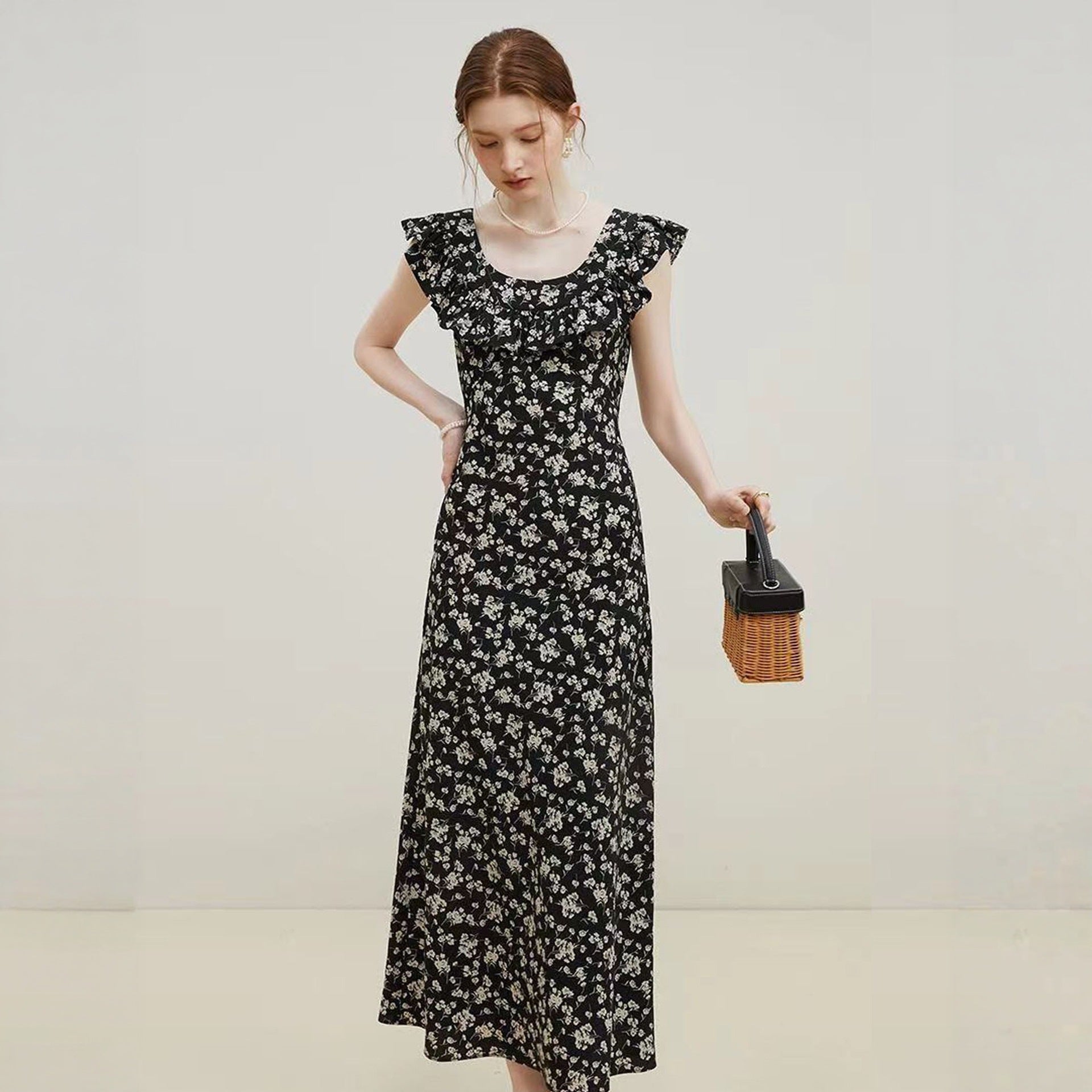 French black floral dress women's summer flying sleeve temperament dress - Negative Apparel