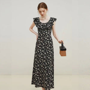 French black floral dress women's summer flying sleeve temperament dress - Negative Apparel