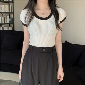 French contrasting color U - neck knitted short - sleeved T-shirt women's summer design sense niche chic short slim - fit front shoulder top trendy - Negative Apparel