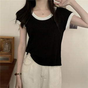 French contrasting color U - neck knitted short - sleeved T-shirt women's summer design sense niche chic short slim - fit front shoulder top trendy - Negative Apparel
