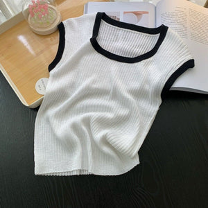 French contrasting color U - neck knitted short - sleeved T-shirt women's summer design sense niche chic short slim - fit front shoulder top trendy - Negative Apparel