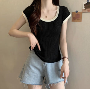 French contrasting color U - neck knitted short - sleeved T-shirt women's summer design sense niche chic short slim - fit front shoulder top trendy - Negative Apparel