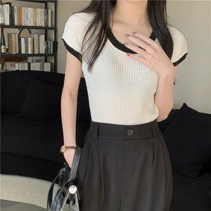 French contrasting color U - neck knitted short - sleeved T-shirt women's summer design sense niche chic short slim - fit front shoulder top trendy - Negative Apparel