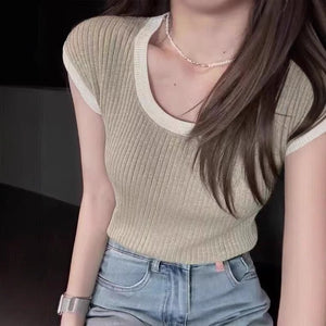 French contrasting color U - neck knitted short - sleeved T-shirt women's summer design sense niche chic short slim - fit front shoulder top trendy - Negative Apparel