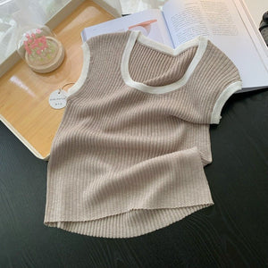 French contrasting color U - neck knitted short - sleeved T-shirt women's summer design sense niche chic short slim - fit front shoulder top trendy - Negative Apparel