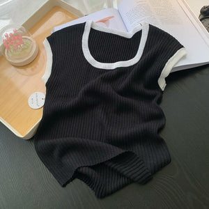 French contrasting color U - neck knitted short - sleeved T-shirt women's summer design sense niche chic short slim - fit front shoulder top trendy - Negative Apparel