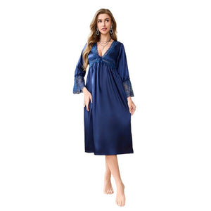 French court - style sexy nightdress women's ice silk long - sleeved V - neck lace loungewear SQ22287 - Negative Apparel
