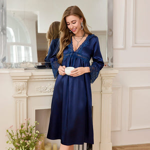 French court - style sexy nightdress women's ice silk long - sleeved V - neck lace loungewear SQ22287 - Negative Apparel