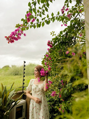 French Hepburn style artistic forest long skirt stunning square neck floral dress - Negative Apparel