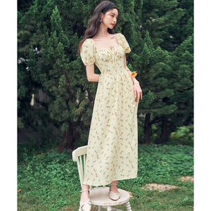 French Hepburn style artistic forest long skirt stunning square neck floral dress - Negative Apparel