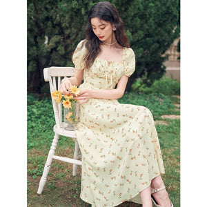 French Hepburn style artistic forest long skirt stunning square neck floral dress - Negative Apparel