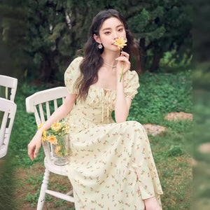 French Hepburn style artistic forest long skirt stunning square neck floral dress - Negative Apparel