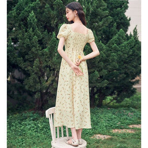 French Hepburn style artistic forest long skirt stunning square neck floral dress - Negative Apparel