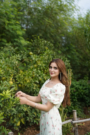 French Hepburn style artistic forest long skirt stunning square neck floral dress - Negative Apparel