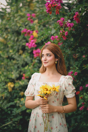 French Hepburn style artistic forest long skirt stunning square neck floral dress - Negative Apparel