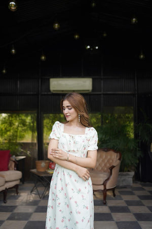 French Hepburn style artistic forest long skirt stunning square neck floral dress - Negative Apparel