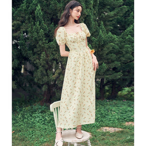 French Hepburn style artistic forest long skirt stunning square neck floral dress - Negative Apparel