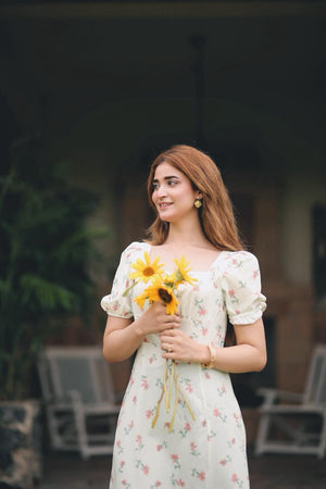 French Hepburn style artistic forest long skirt stunning square neck floral dress - Negative Apparel