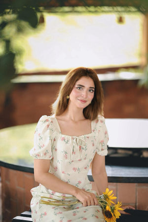 French Hepburn style artistic forest long skirt stunning square neck floral dress - Negative Apparel