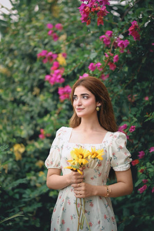 French Hepburn style artistic forest long skirt stunning square neck floral dress - Negative Apparel