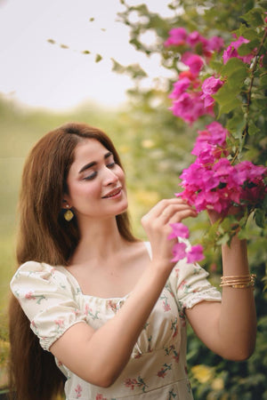 French Hepburn style artistic forest long skirt stunning square neck floral dress - Negative Apparel