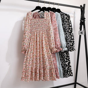 French horn - sleeved floral dress women's long - sleeved chiffon dress design sense niche coffee break skirt - Negative Apparel