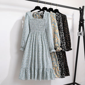 French horn - sleeved floral dress women's long - sleeved chiffon dress design sense niche coffee break skirt - Negative Apparel