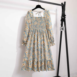 French horn - sleeved floral dress women's long - sleeved chiffon dress design sense niche coffee break skirt - Negative Apparel