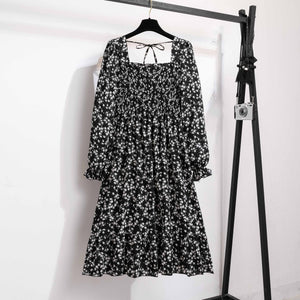 French horn - sleeved floral dress women's long - sleeved chiffon dress design sense niche coffee break skirt - Negative Apparel