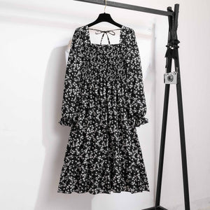 French horn - sleeved floral dress women's long - sleeved chiffon dress design sense niche coffee break skirt - Negative Apparel