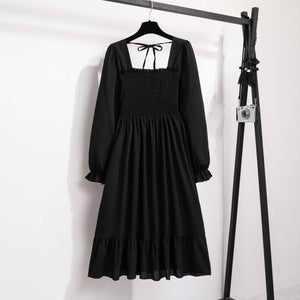 French horn - sleeved floral dress women's long - sleeved chiffon dress design sense niche coffee break skirt - Negative Apparel