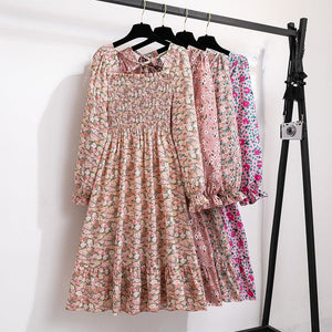 French horn - sleeved floral dress women's long - sleeved chiffon dress design sense niche coffee break skirt - Negative Apparel